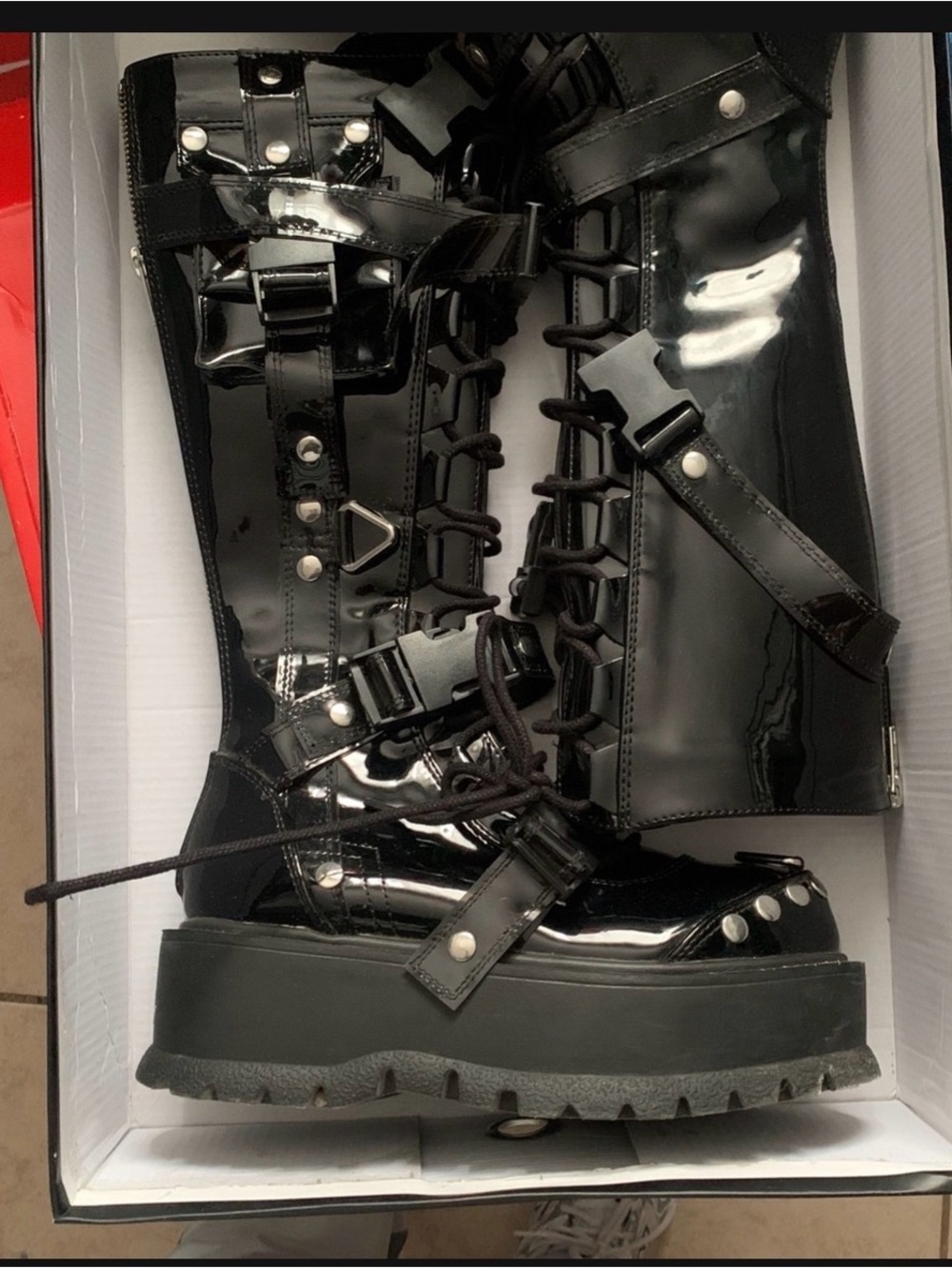 Demonia Black Patent Lace-Up Platform Combat Boots